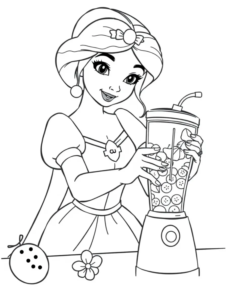 A Disney princess making a delicious, fruity smoothie with a blender.