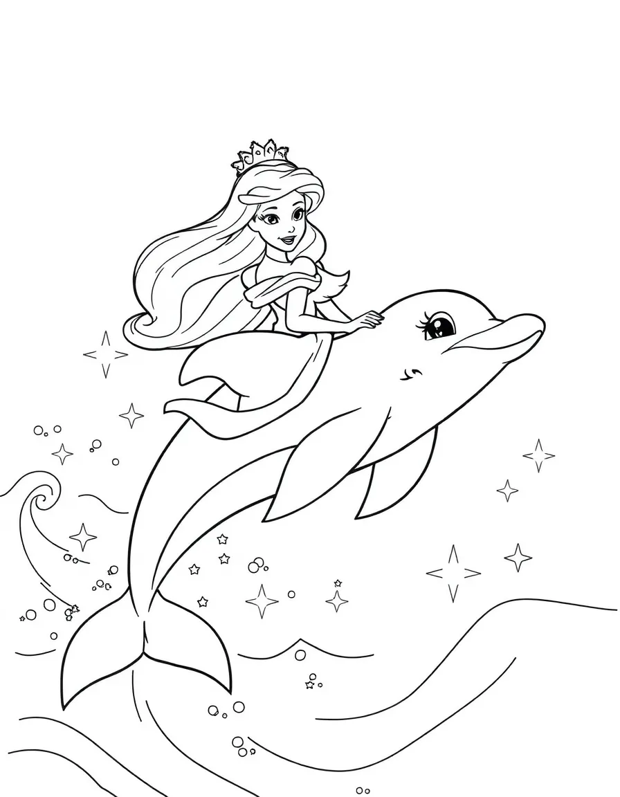 A Disney princess riding a graceful dolphin through sparkling ocean waves.