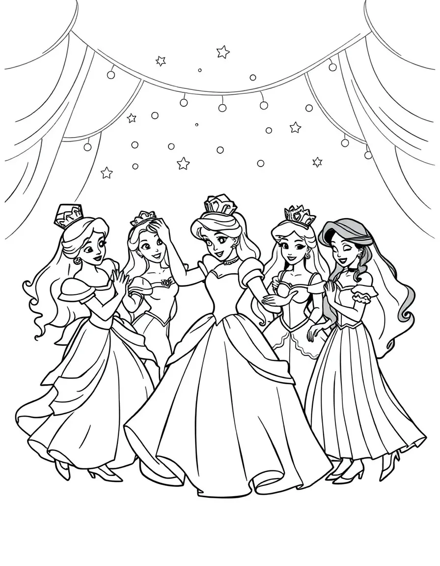A Disney princess having a dance party with her royal court, all in fun costumes.