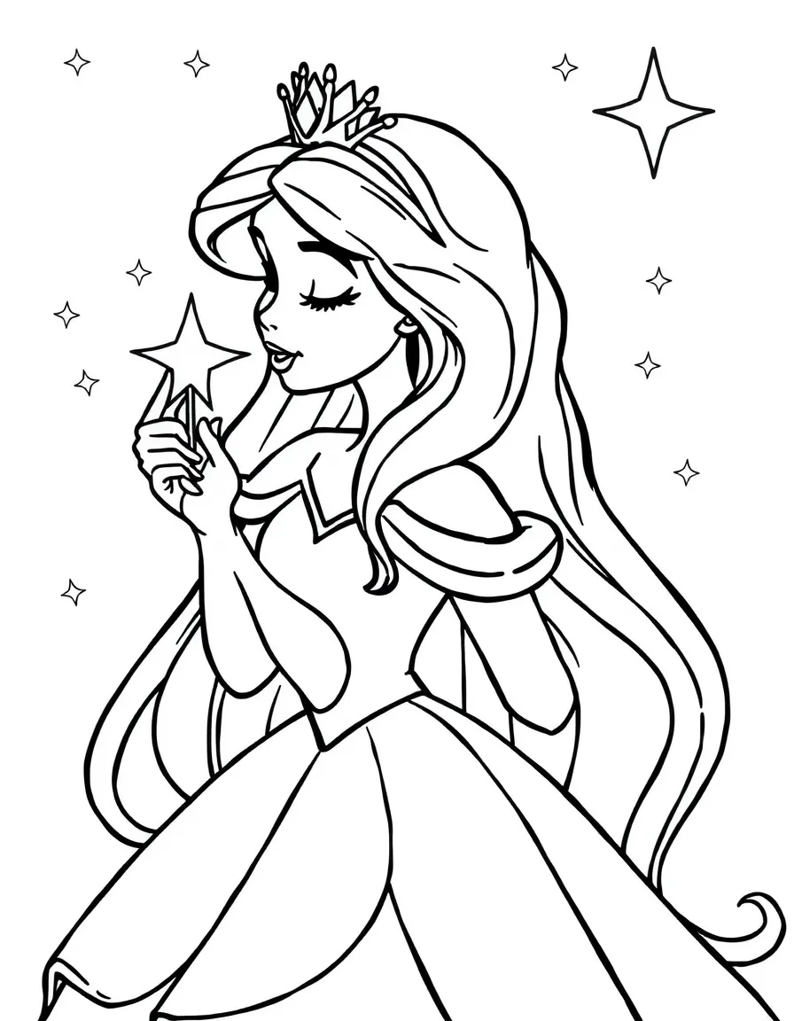 A Disney princess making a wish on a magical star, holding a sparkling wand.