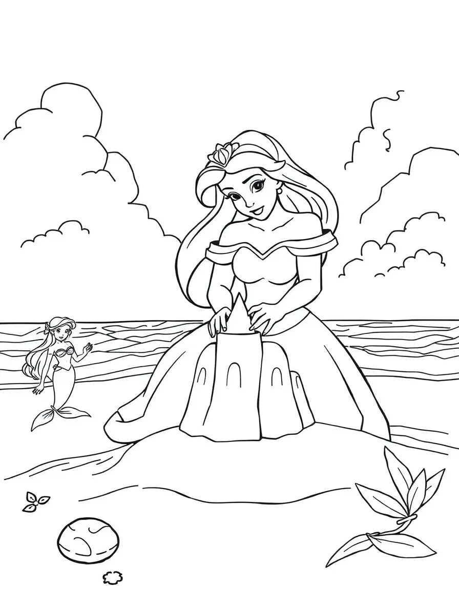 A Disney princess building a sandcastle on a magical beach, with mermaids watching.