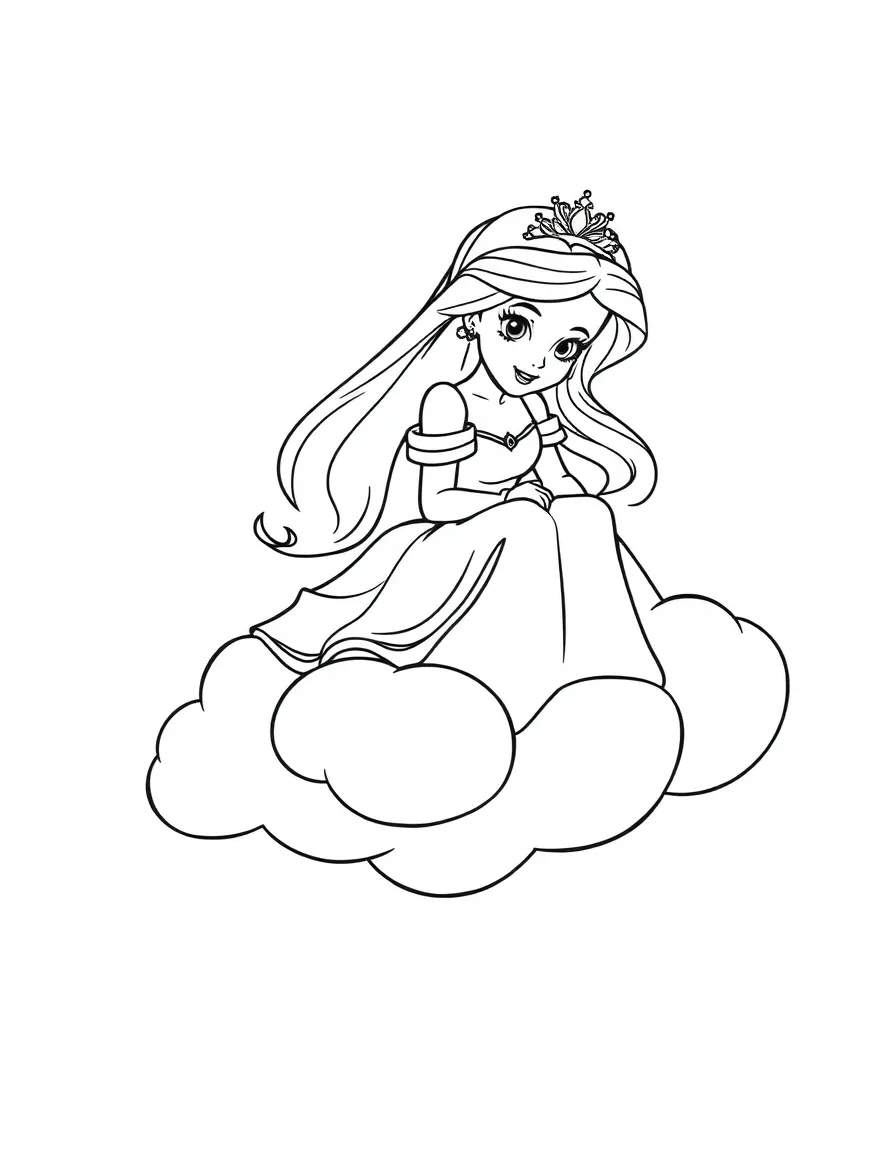 A Disney princess riding a friendly cloud, looking down at the world.
