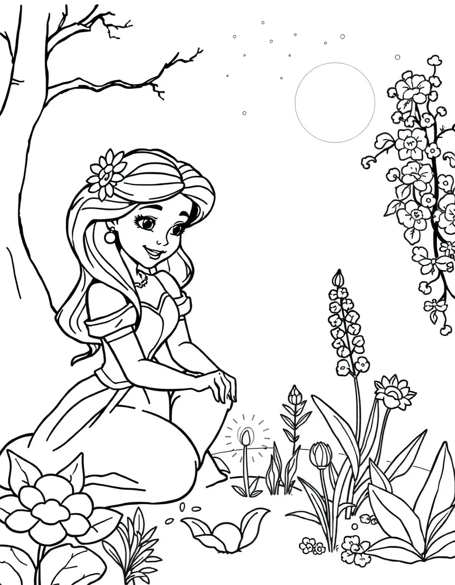 A Disney princess planting glowing seeds in a magical garden.