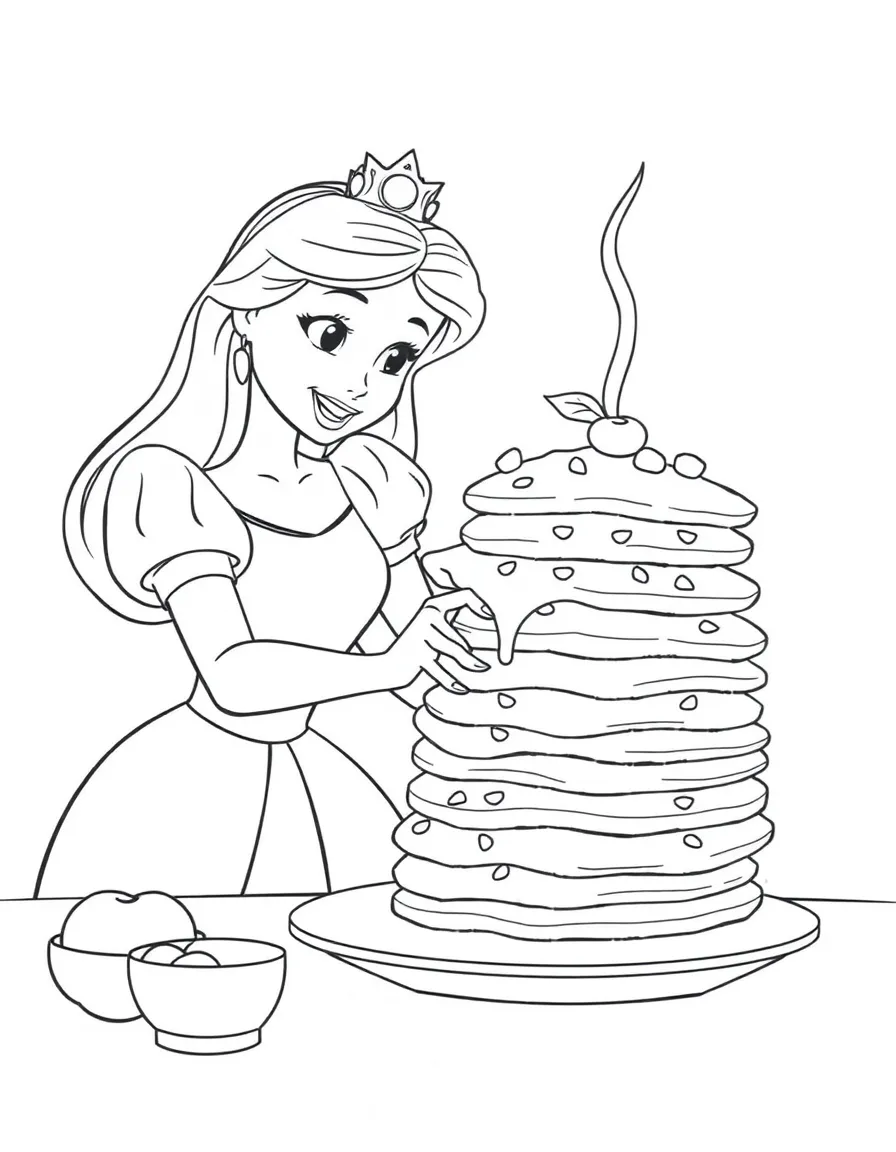 A Disney princess making a delicious, towering stack of pancakes.