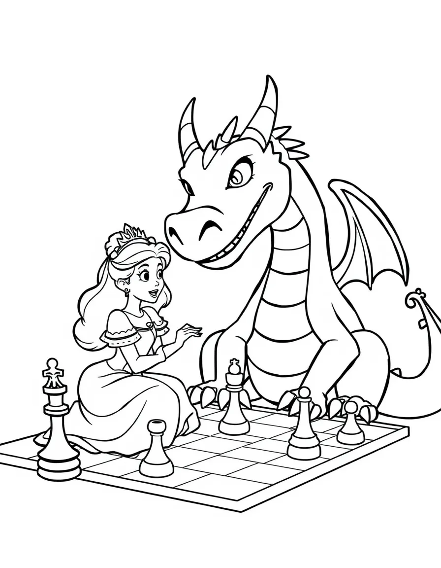 A Disney princess playing a giant game of checkers with a smiling dragon.