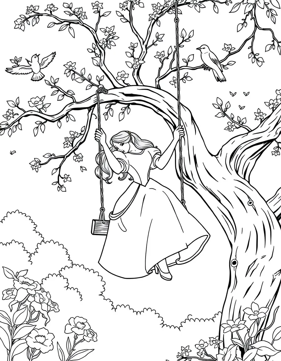 A Disney princess on a swing, high up in a tree, with singing birds.