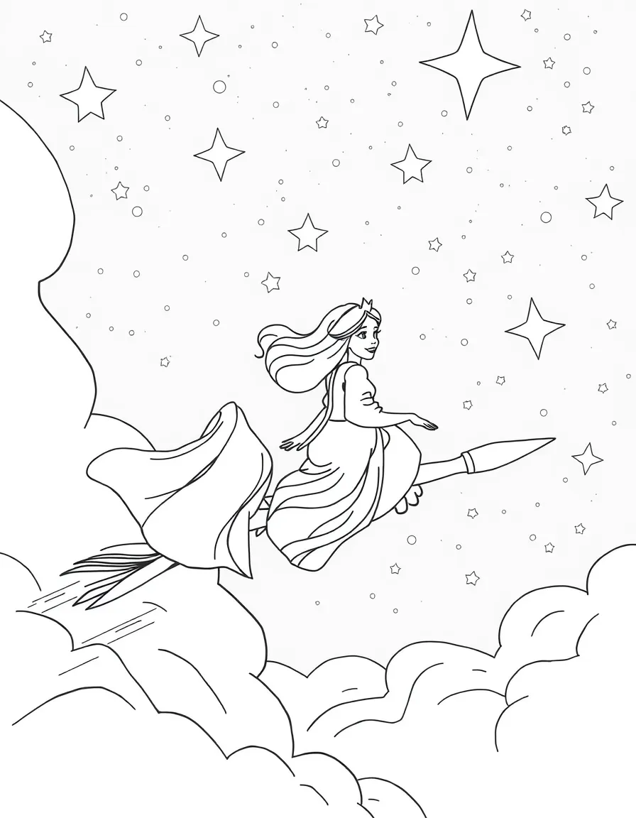 A Disney princess riding a magic broomstick through a starry night sky.