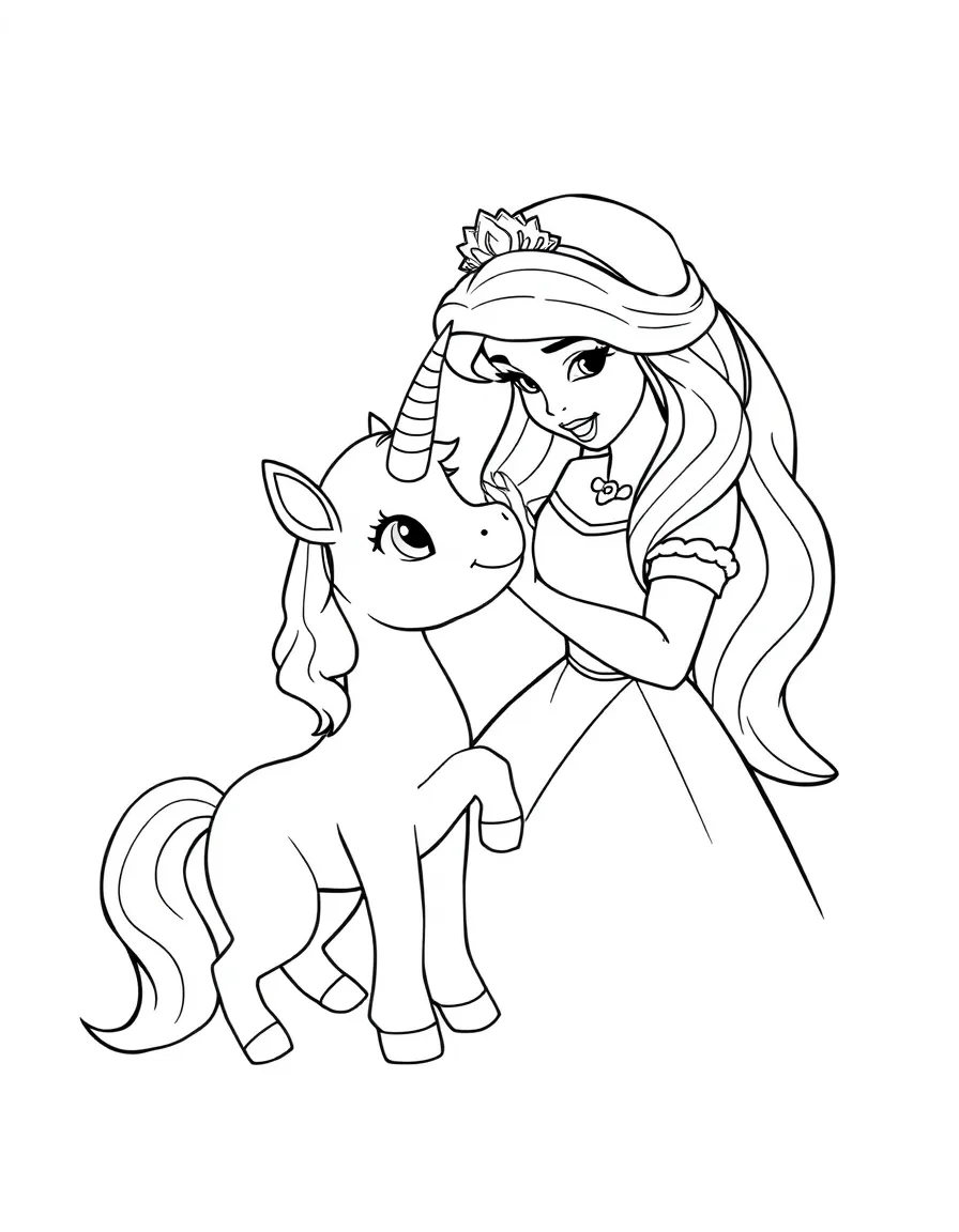 A Disney princess with a pet baby unicorn, brushing its sparkling mane.