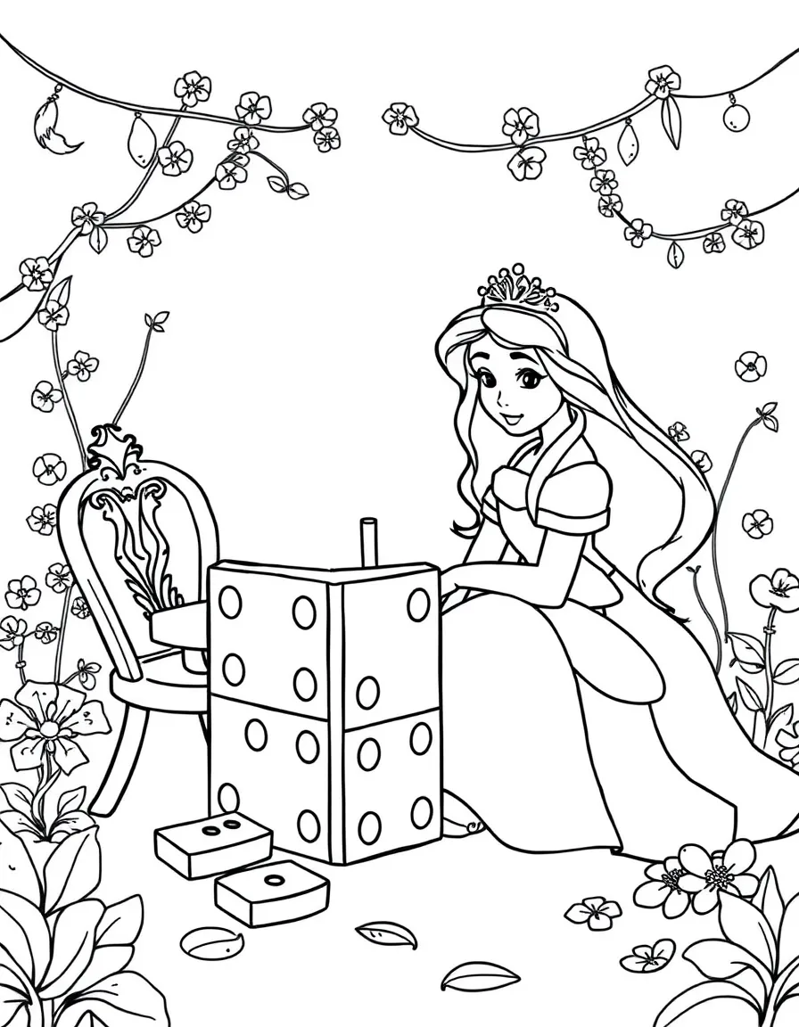 A Disney princess playing a game of giant dominoes in a whimsical setting.