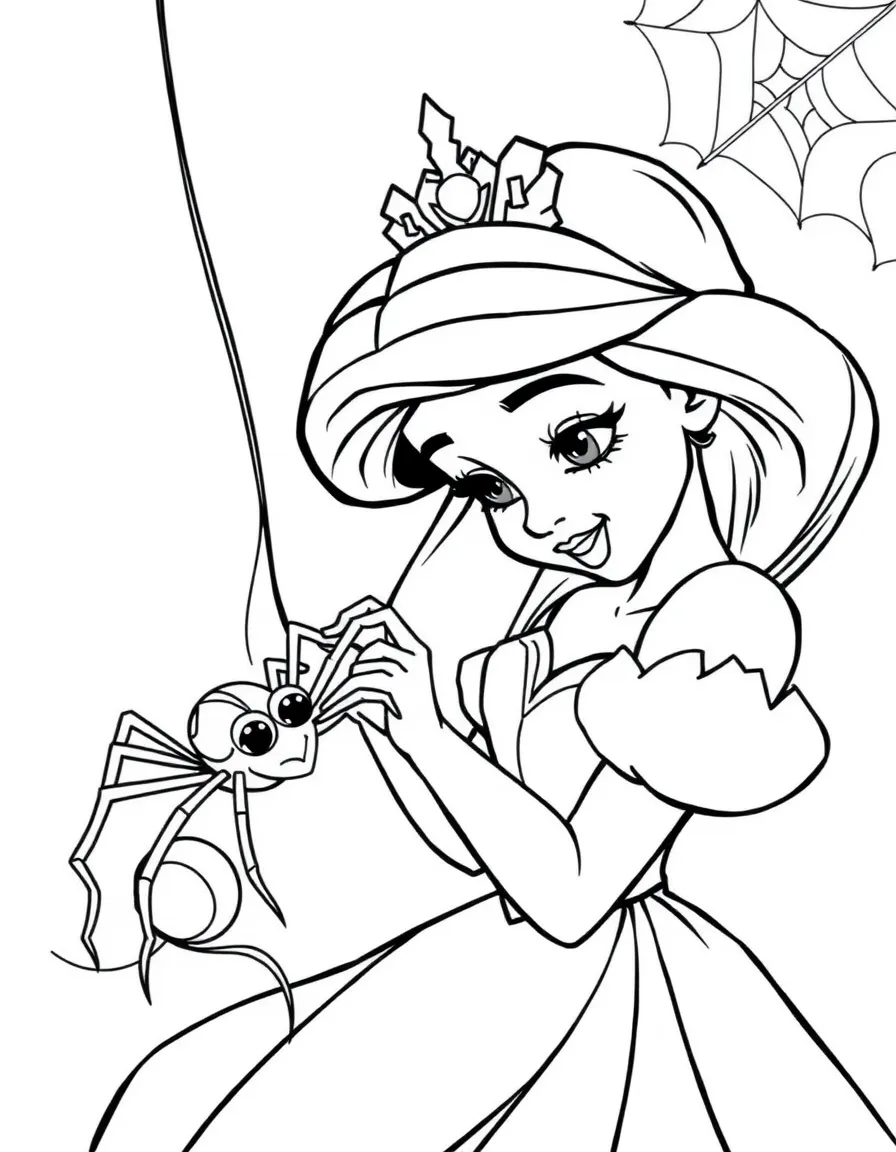 A Disney princess with a pet friendly spider, spinning a web.