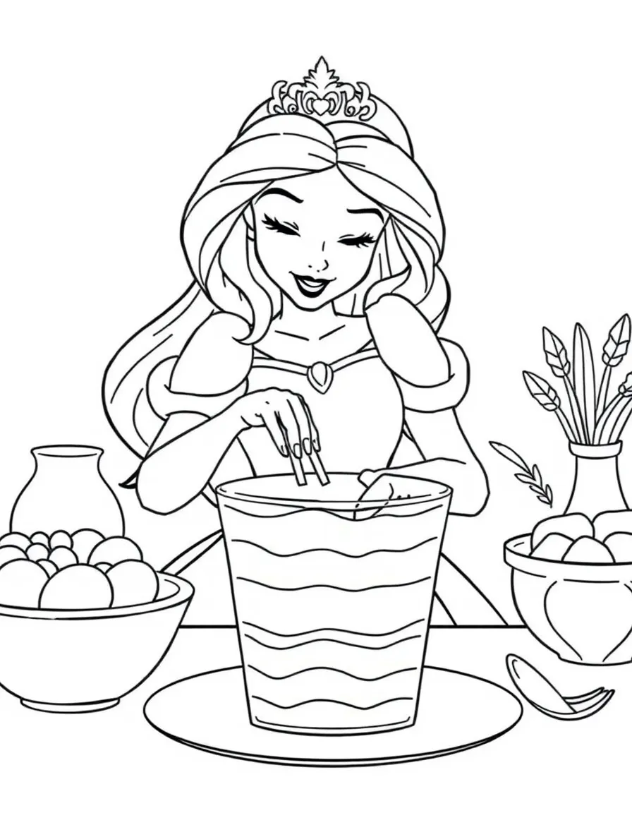 A Disney princess making a colorful, layered jello dessert.