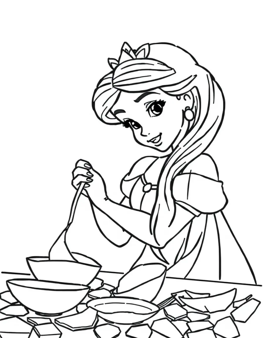 A Disney princess making a beautiful mosaic with colorful broken dishes.