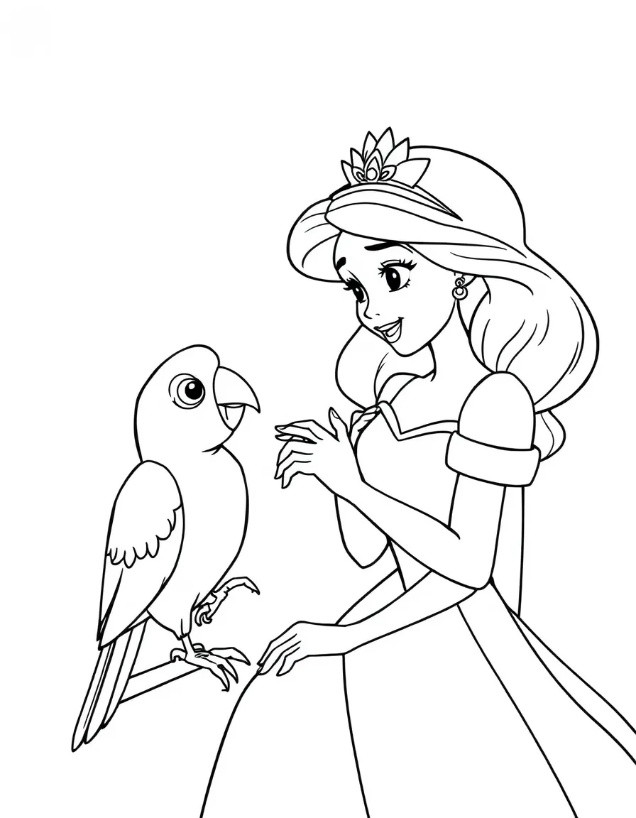 A Disney princess with a pet talking parrot, teaching it words.