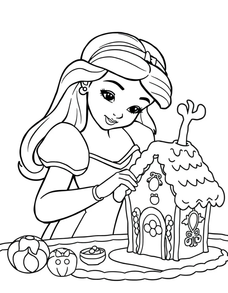 A Disney princess making a delicious, frosted gingerbread house.