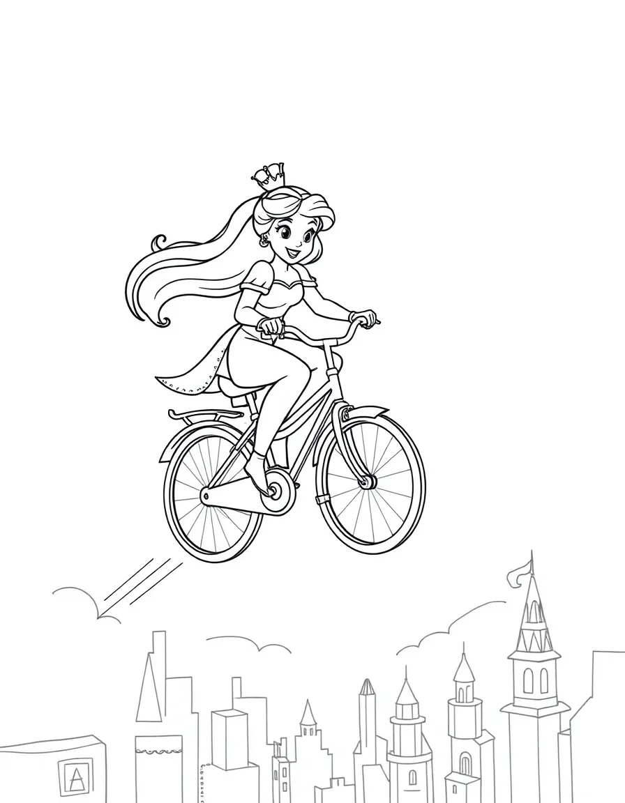 A Disney princess on a magic flying bicycle, soaring over a city.
