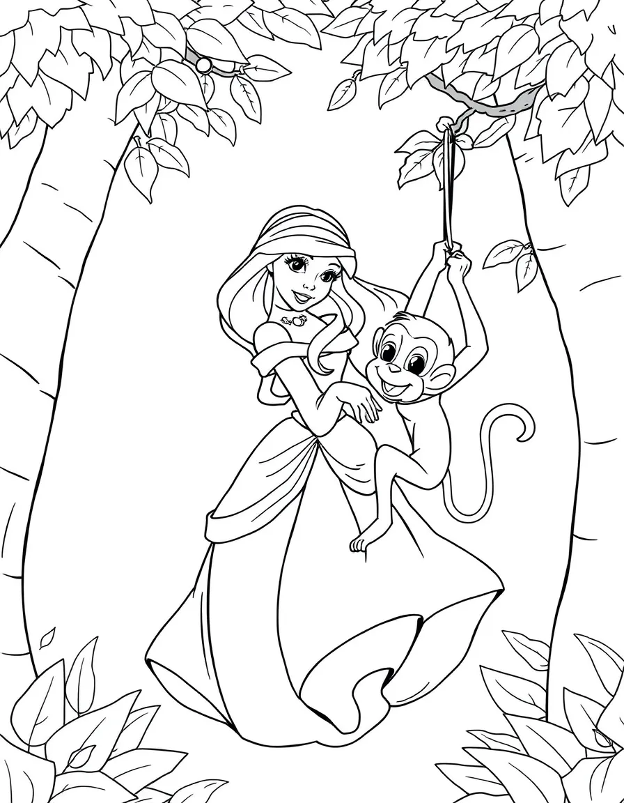 A Disney princess with a pet playful monkey, swinging from trees.