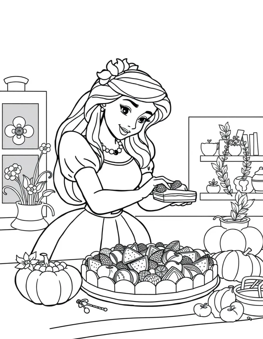 A Disney princess making a delicious, layered fruit tart.