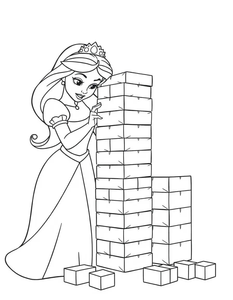 A Disney princess playing a game of giant Jenga, carefully removing blocks.