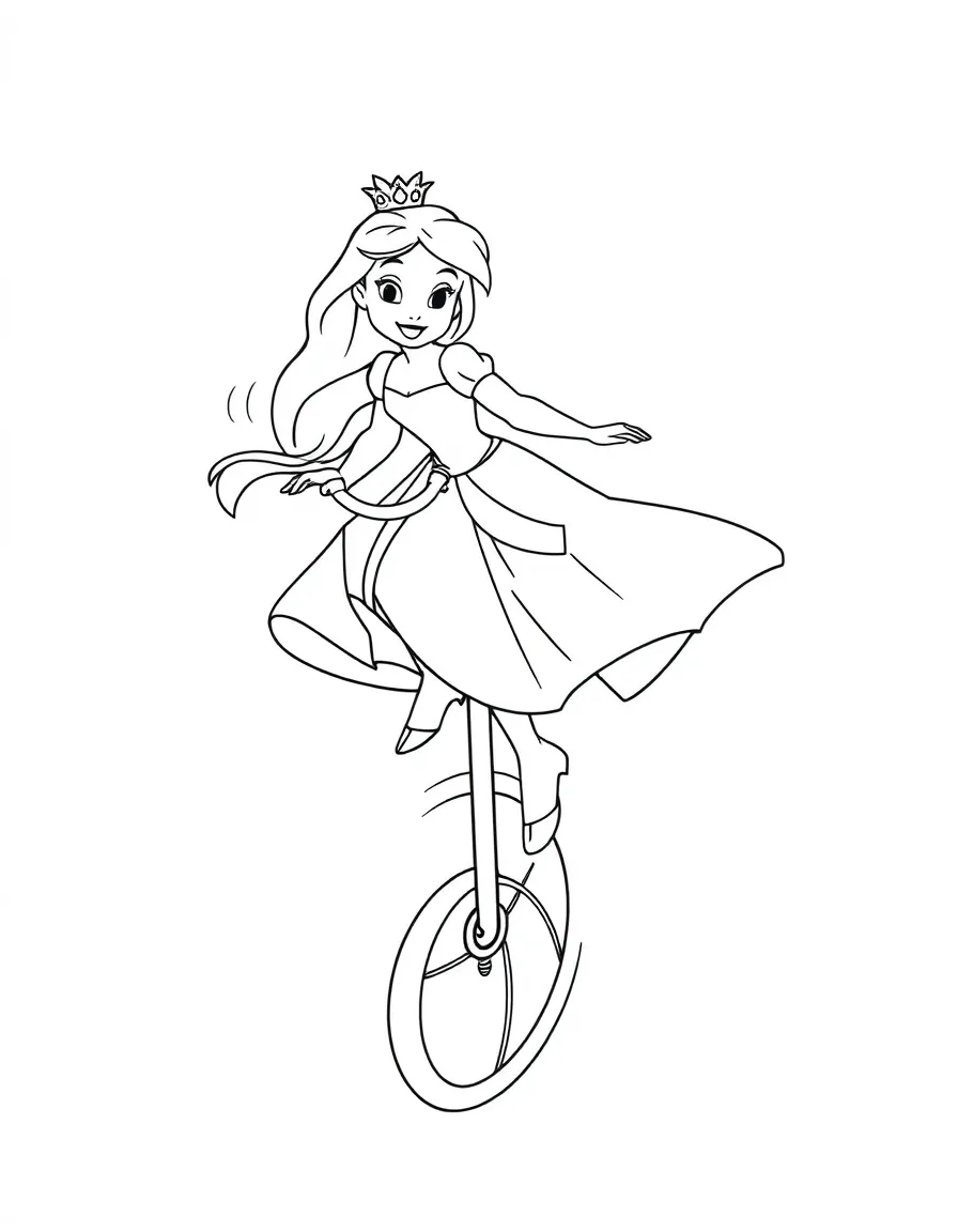 A Disney princess on a magical unicycle, balancing carefully.