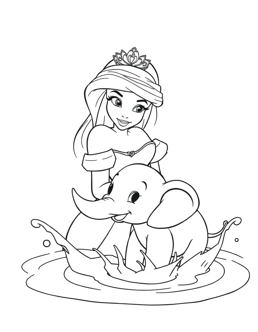 A Disney princess with a pet baby elephant, splashing in water.