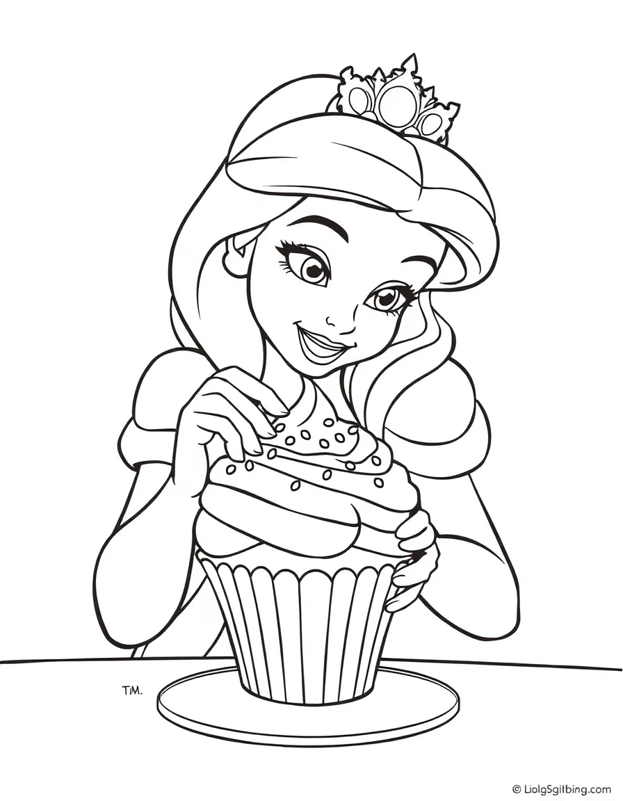 A Disney princess making a delicious, frosted cupcake with sprinkles.