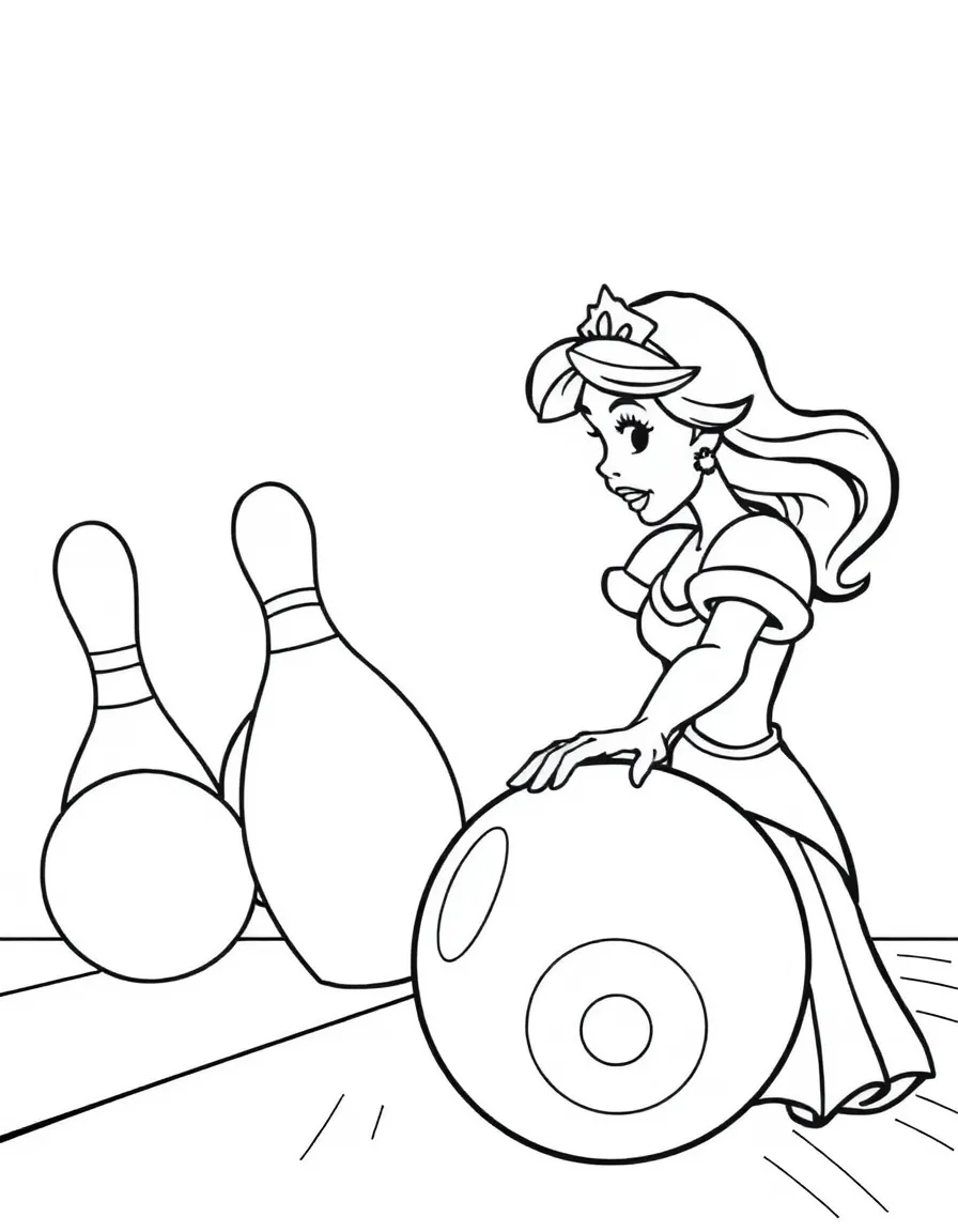 A Disney princess playing a game of giant bowling, aiming carefully.