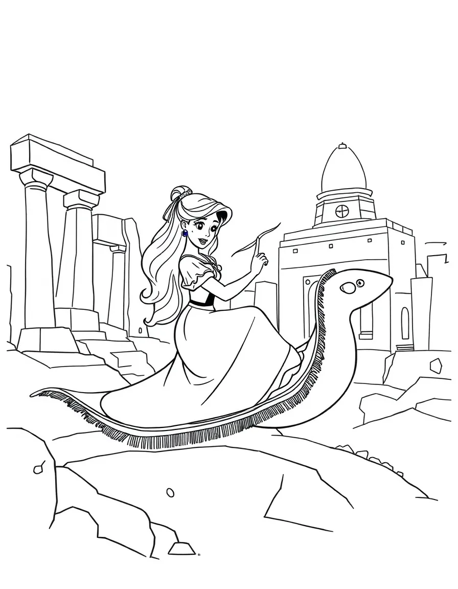 A Disney princess on a magic carpet, exploring ancient ruins.