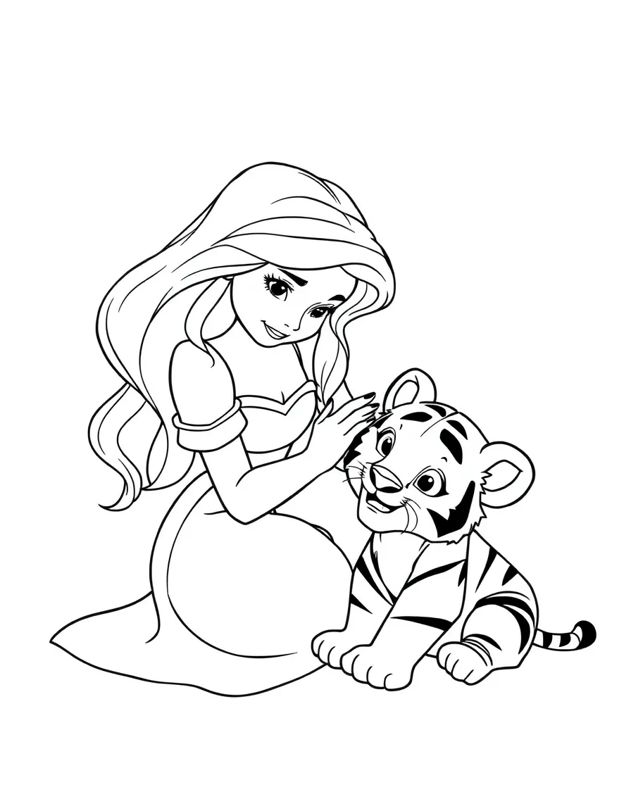 A Disney princess with a pet baby tiger, playing gently.