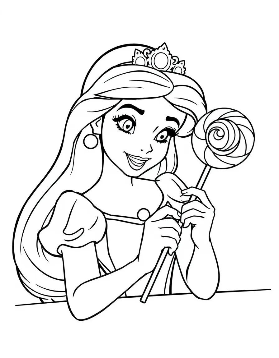 A Disney princess making a delicious, swirly lollipop.