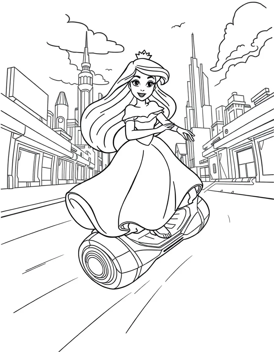A Disney princess on a magical hoverboard, zooming through a futuristic city.