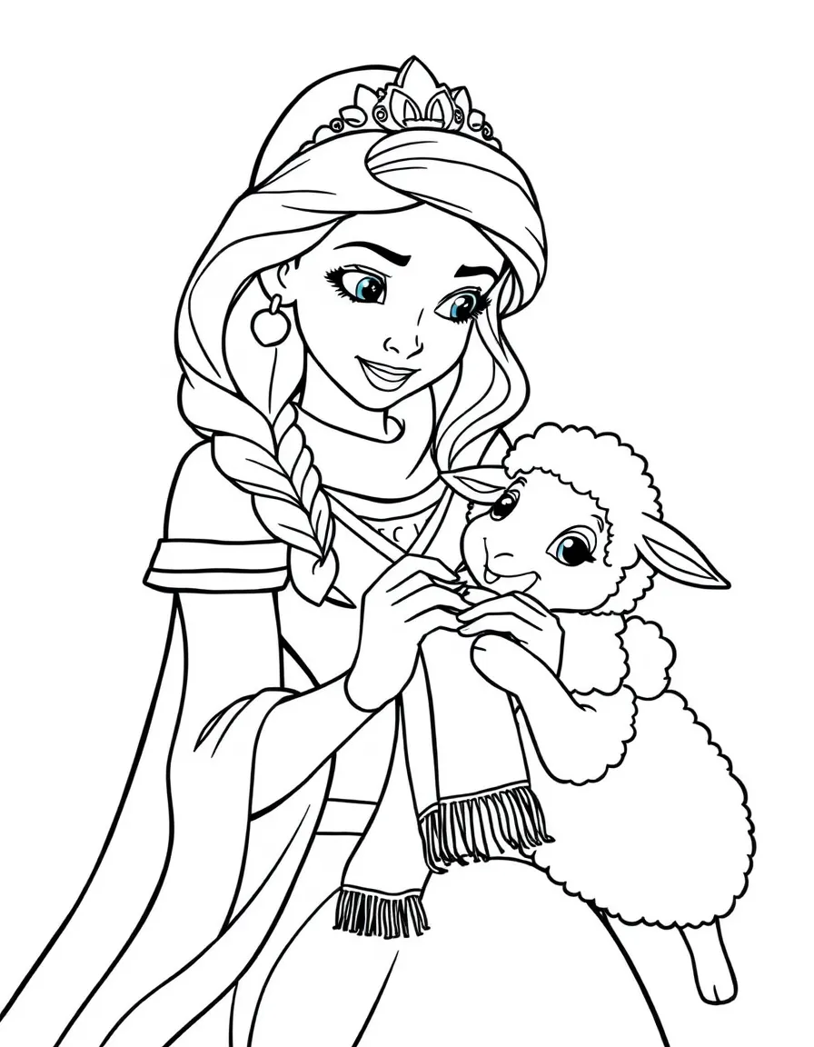 A Disney princess with a pet fluffy sheep, knitting a scarf.