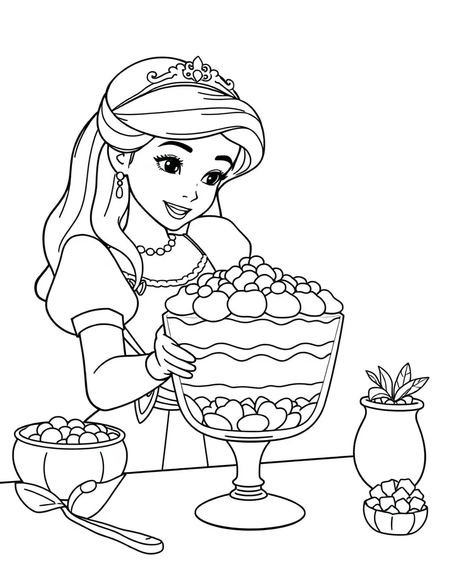 A Disney princess making a delicious, layered trifle dessert.
