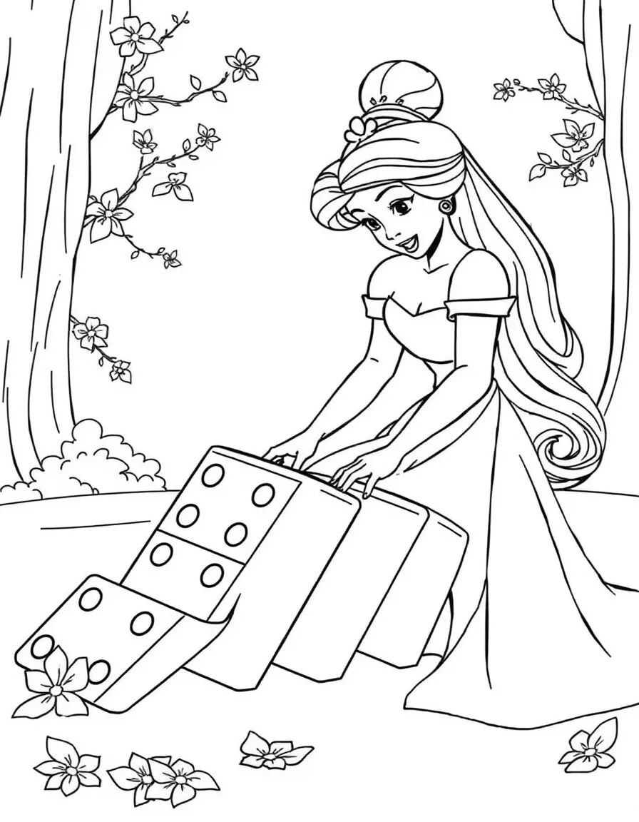 A Disney princess playing a game of giant dominoes, setting them up.