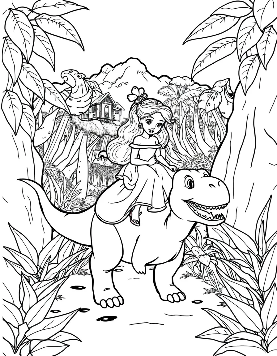A Disney princess on a friendly dinosaur, exploring a hidden jungle.