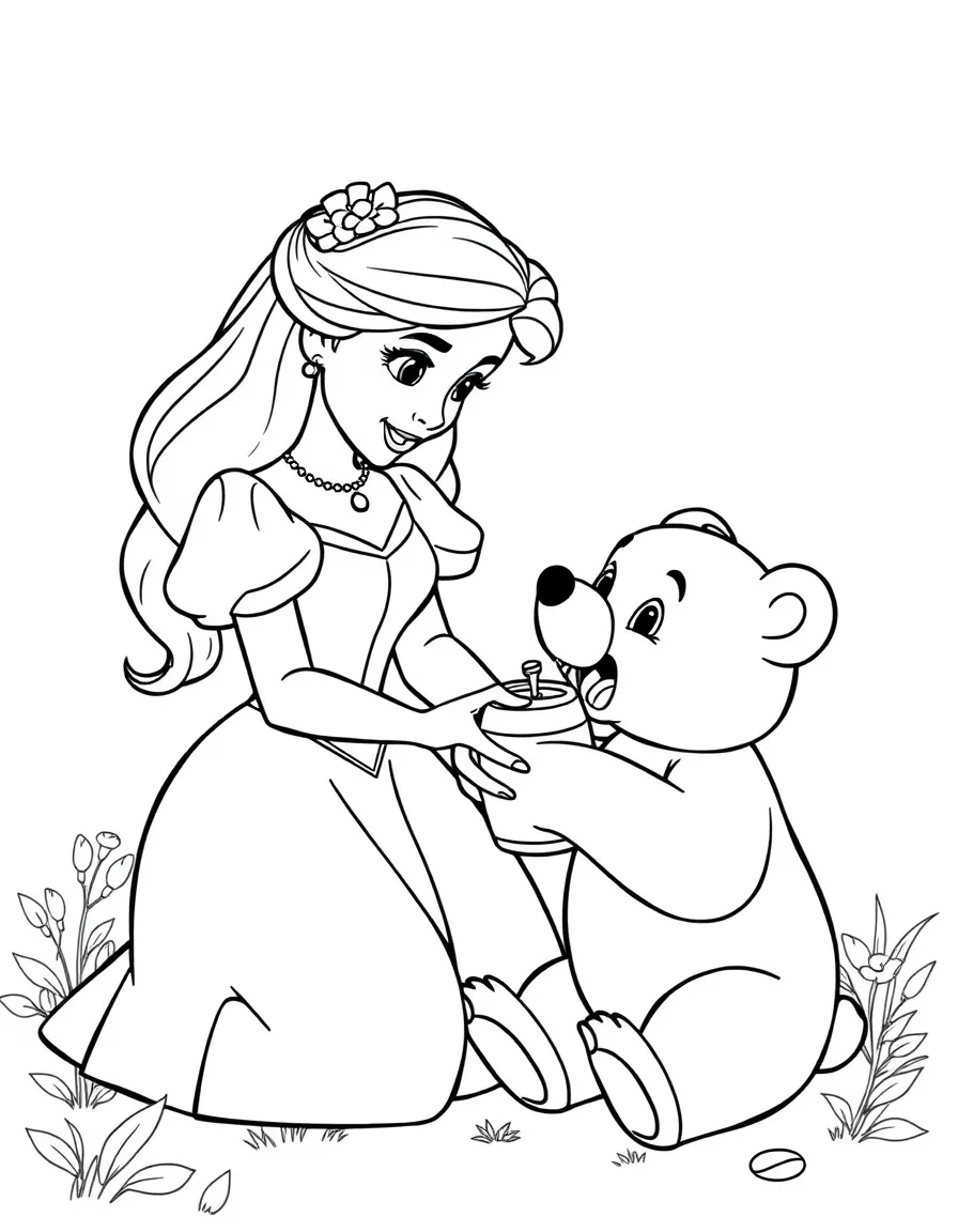 A Disney princess with a pet baby bear, giving it a honey pot.