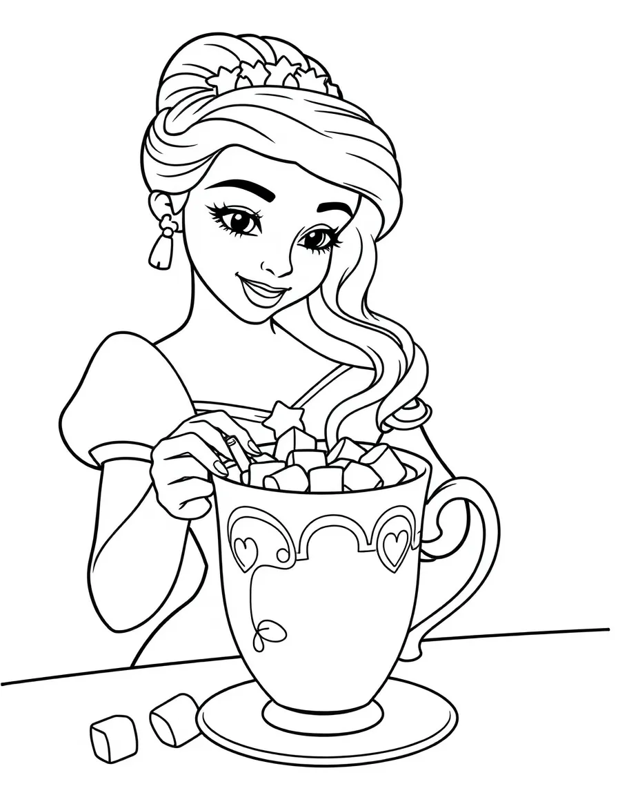 A Disney princess making a delicious, warm cup of hot chocolate with marshmallows.
