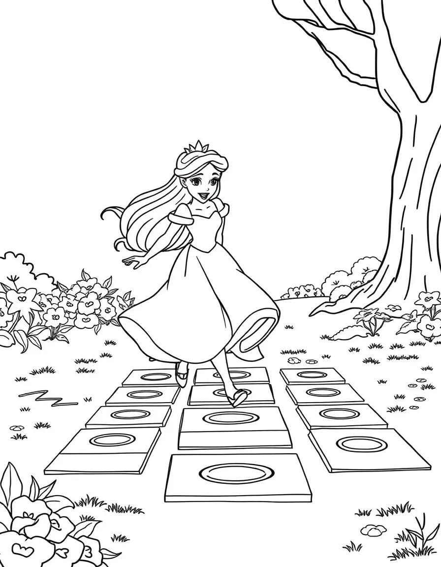 A Disney princess playing a game of giant hopscotch, skipping happily.