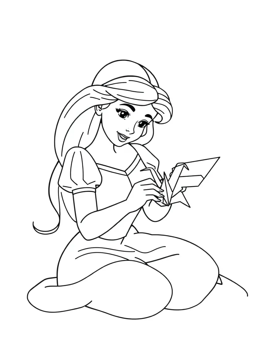 A Disney princess making a beautiful, colorful origami bird.