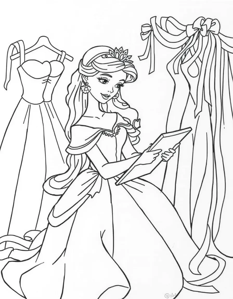A princess sketching designs for new gowns, surrounded by fabrics and ribbons.