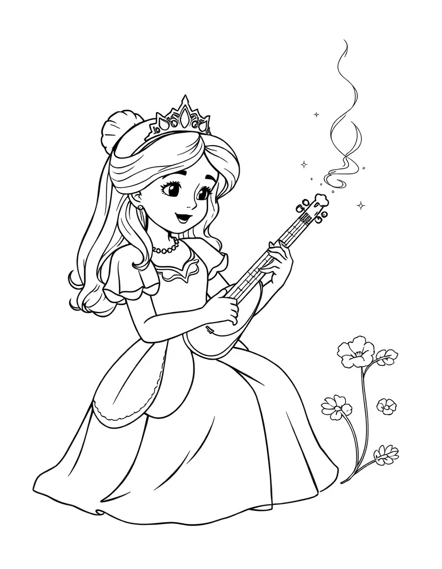 A princess learning to play a magical instrument that glows as she plays.