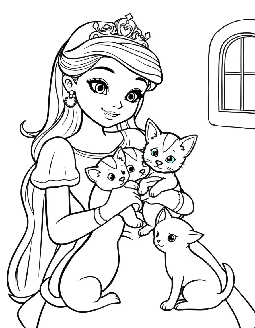 A princess volunteering at an animal shelter, cuddling puppies and kittens.