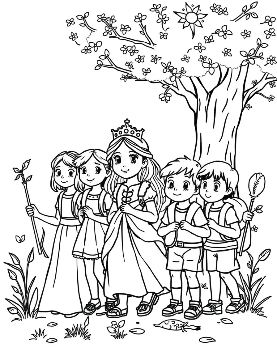 A princess leading a group of young children on a nature scavenger hunt.