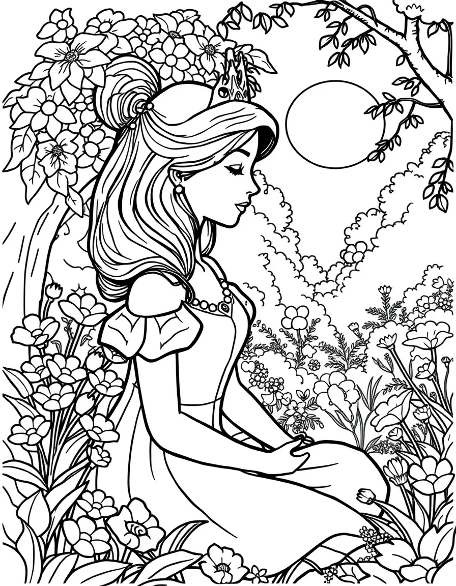 A princess having a quiet moment of meditation in a peaceful, sunlit garden.