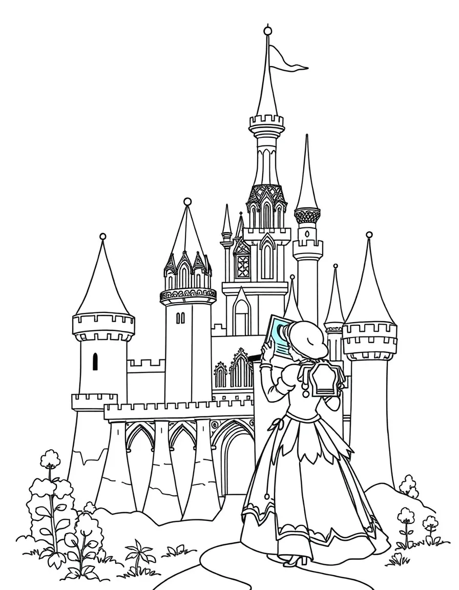 A princess designing a magnificent castle with intricate towers and bridges.