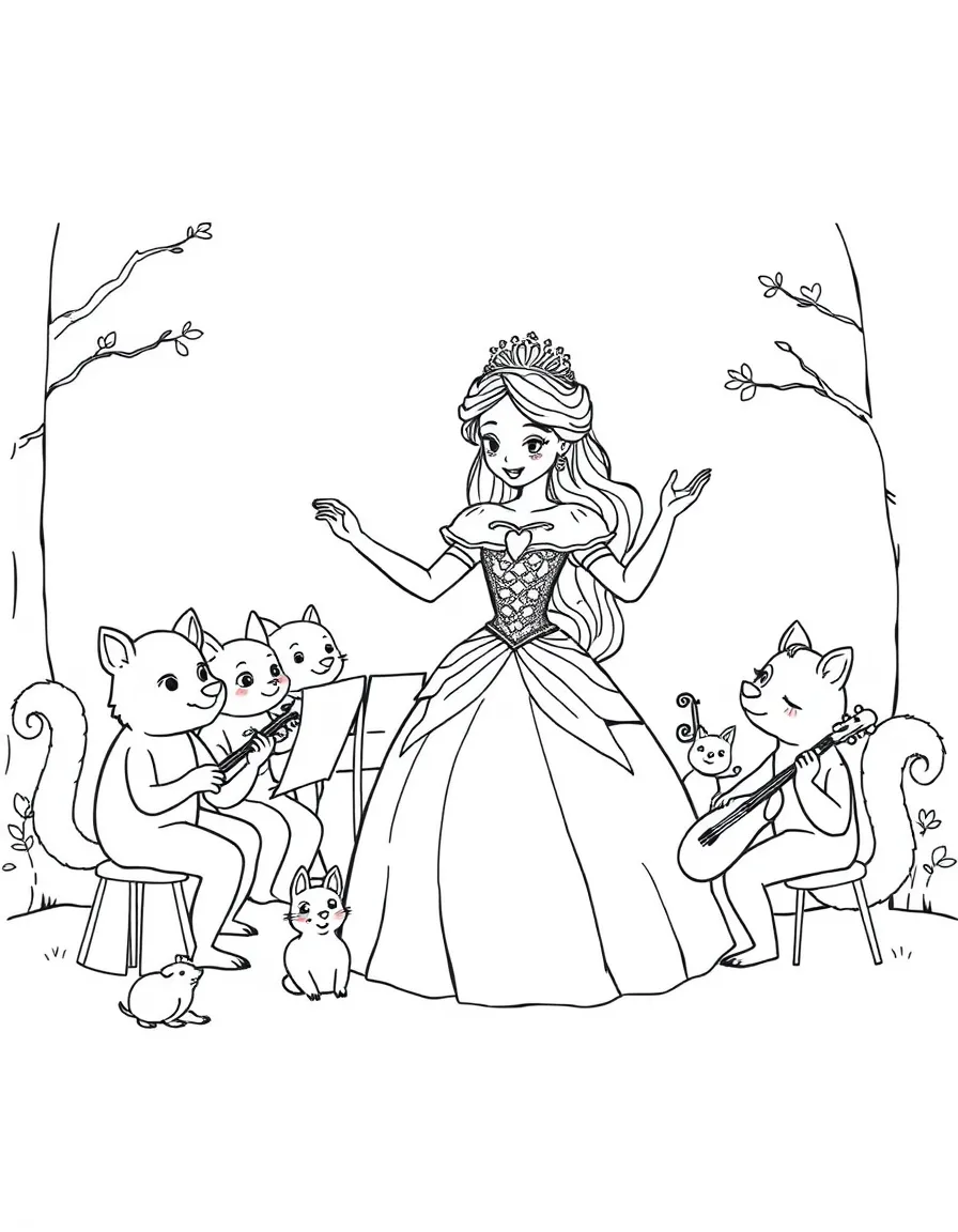 A princess conducting a small orchestra of woodland creatures, all playing instruments.