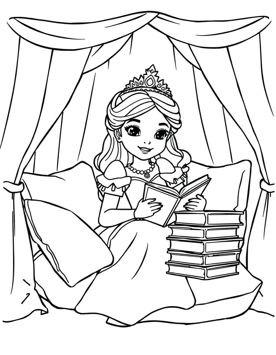 A princess in a cozy reading nook, surrounded by pillows and a stack of books.