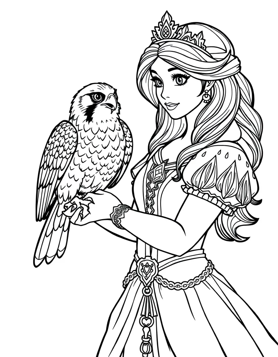 A princess training a falcon to deliver messages, with a majestic bird on her arm.