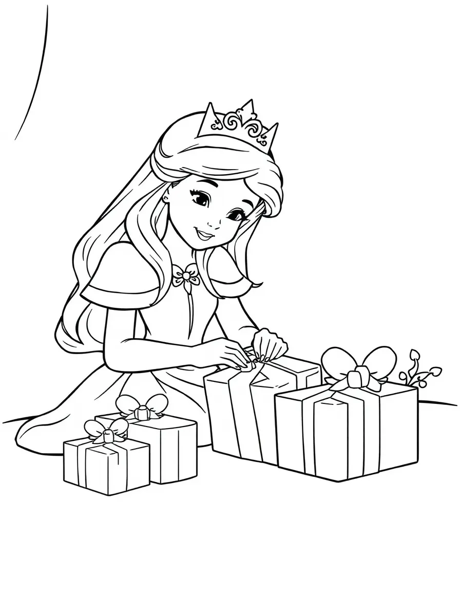A princess making handmade gifts for her friends, wrapping them with care.