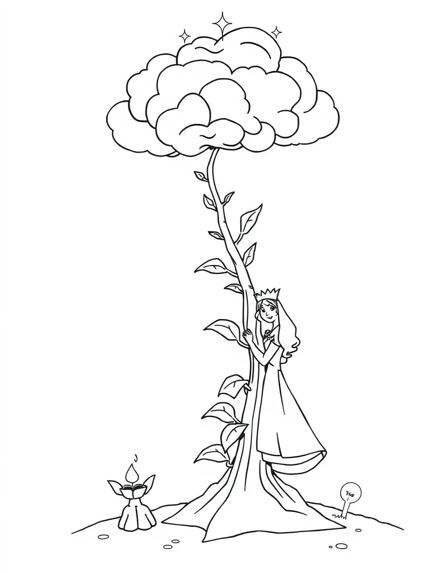 A princess planting a magical beanstalk that reaches up to the clouds.