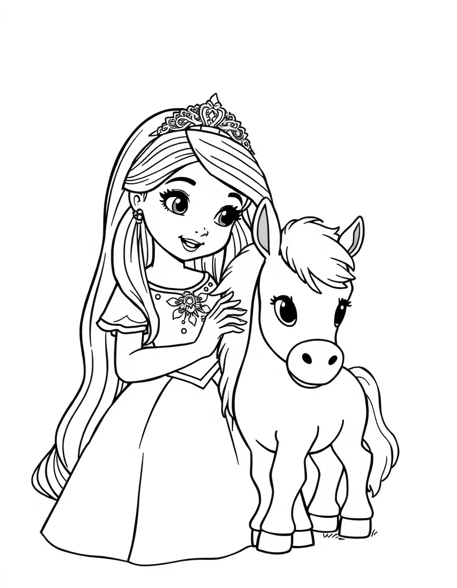 A princess with a pet miniature pony, brushing its soft mane.